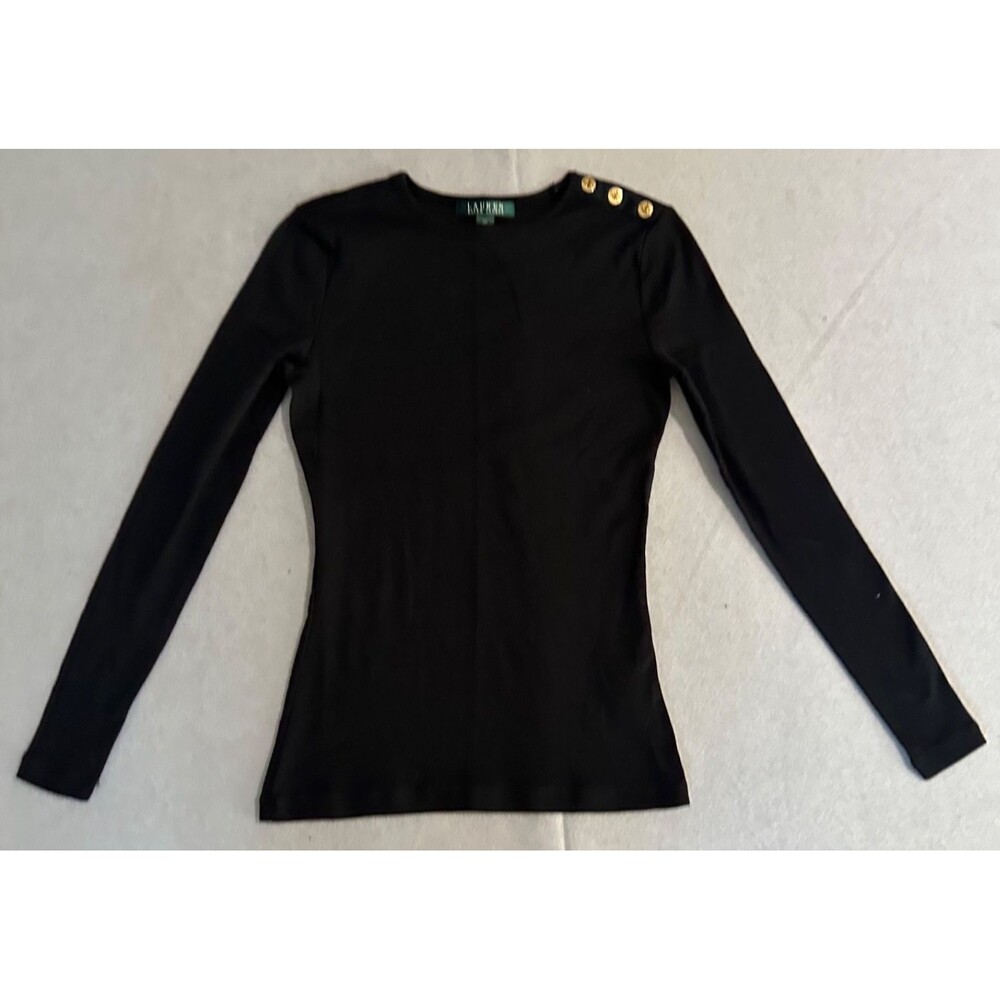 Lauren Ralph Lauren Black Ribbed Top Womens XS Gold Button Shoulder Long Sleeve